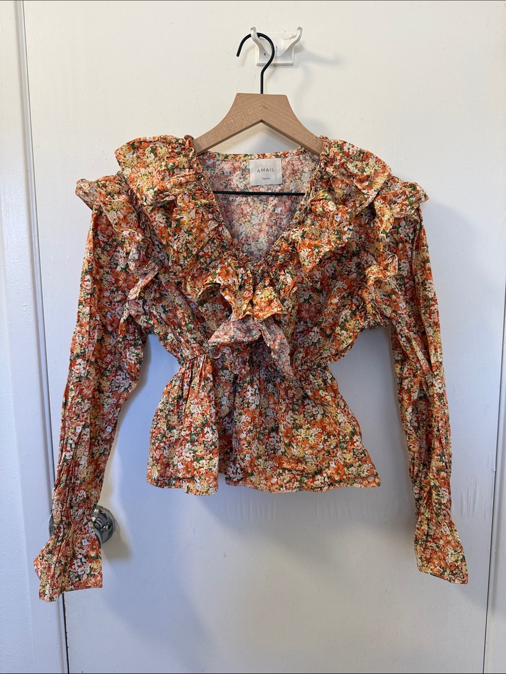 Amail Orange Floral Ruffle Peplum Blouse